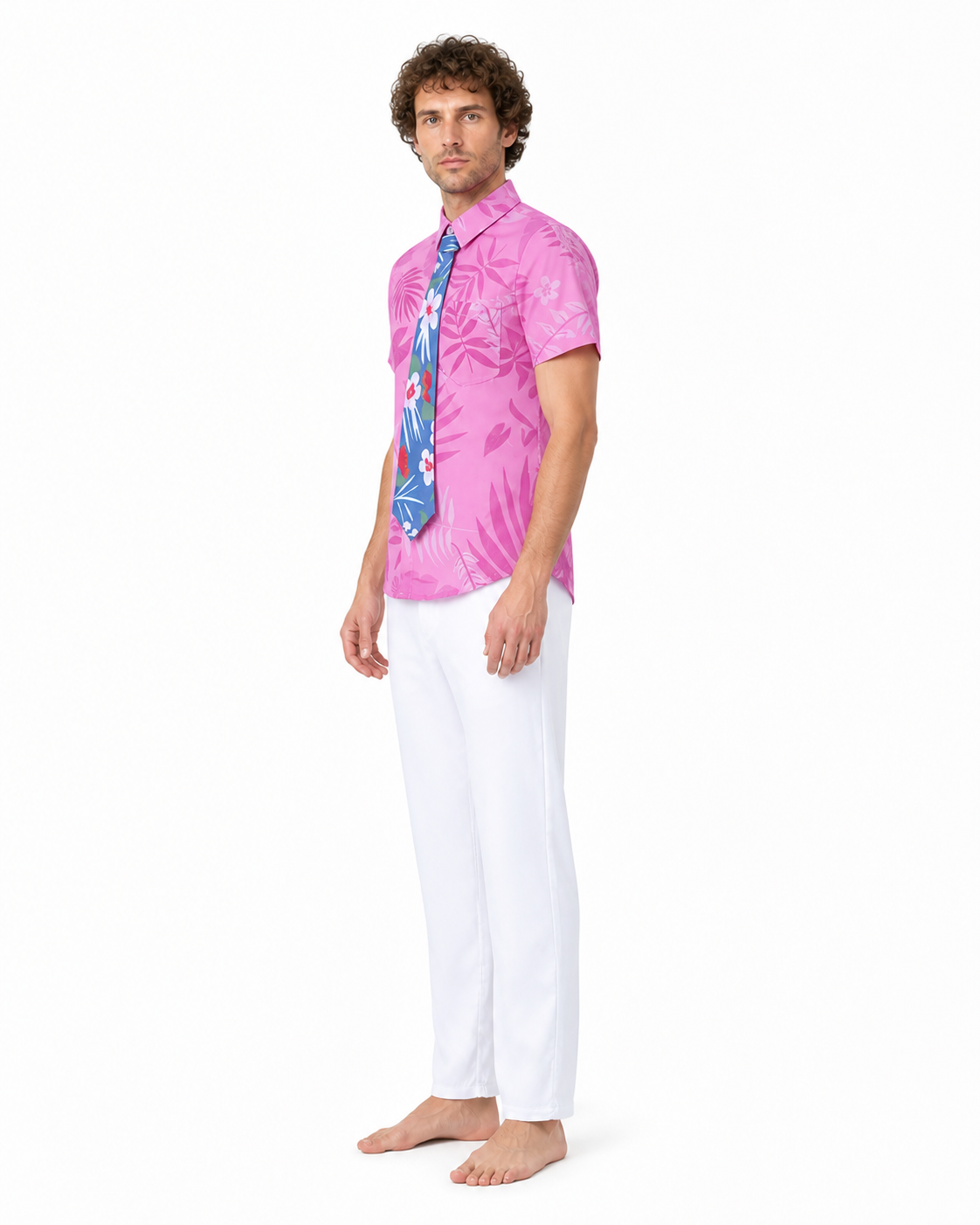 Children's costume: shirt, pants, tie, tropical print side view