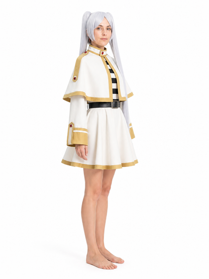 Gray Frieren Cosplay Costume with Cape and Wig side view