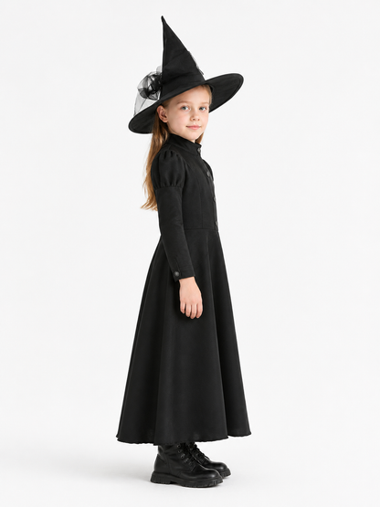 Black witch costume with a pointed hat for masquerades side view