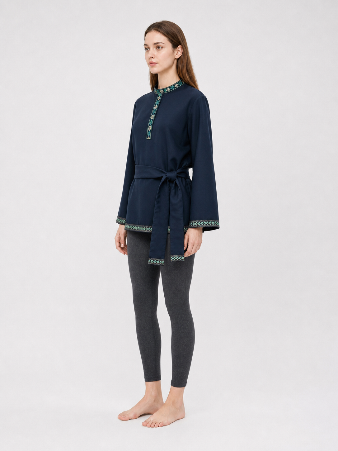 Dark Navy Tunic with Stand Collar and Belt