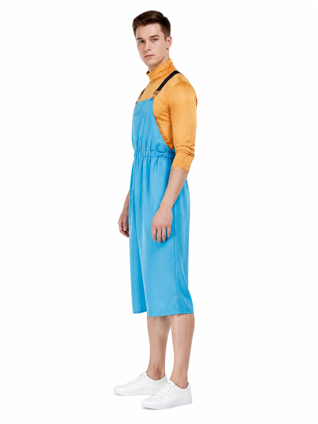 Blue Bib Shorts Overalls with Chest Pocket side view