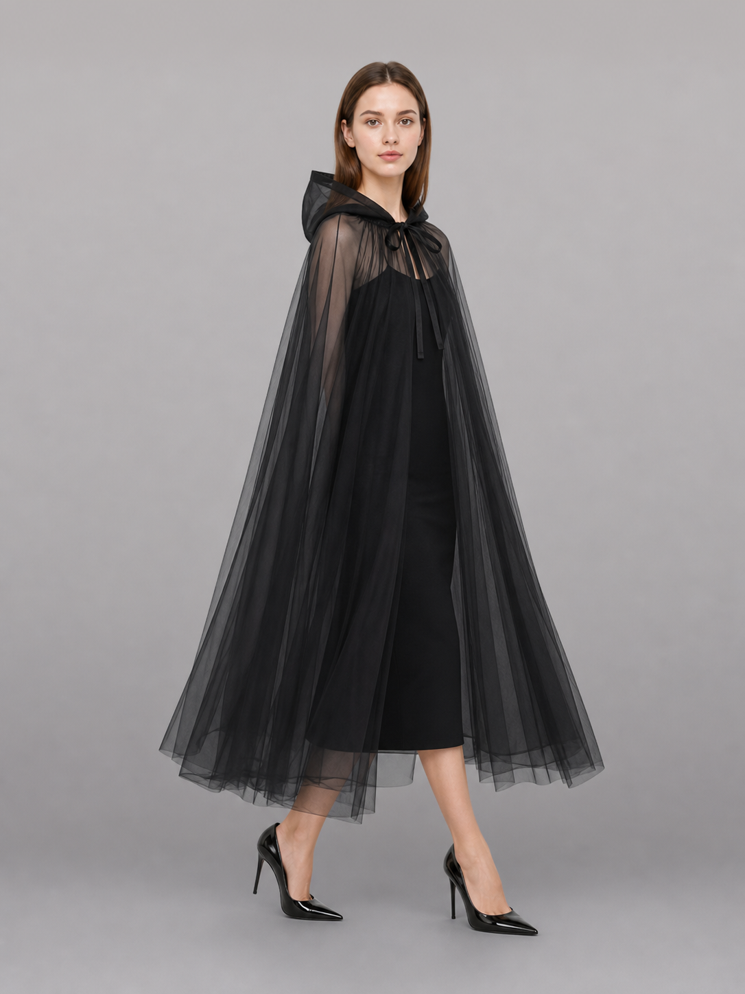 Black costume cloak with hood, layered mesh