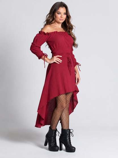 Burgundy Asymmetrical Off-the-Shoulder Dress