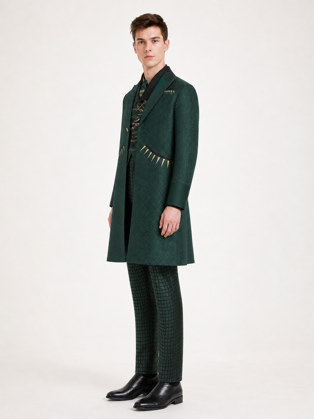 Suit set with jacket, vest, and trousers side view