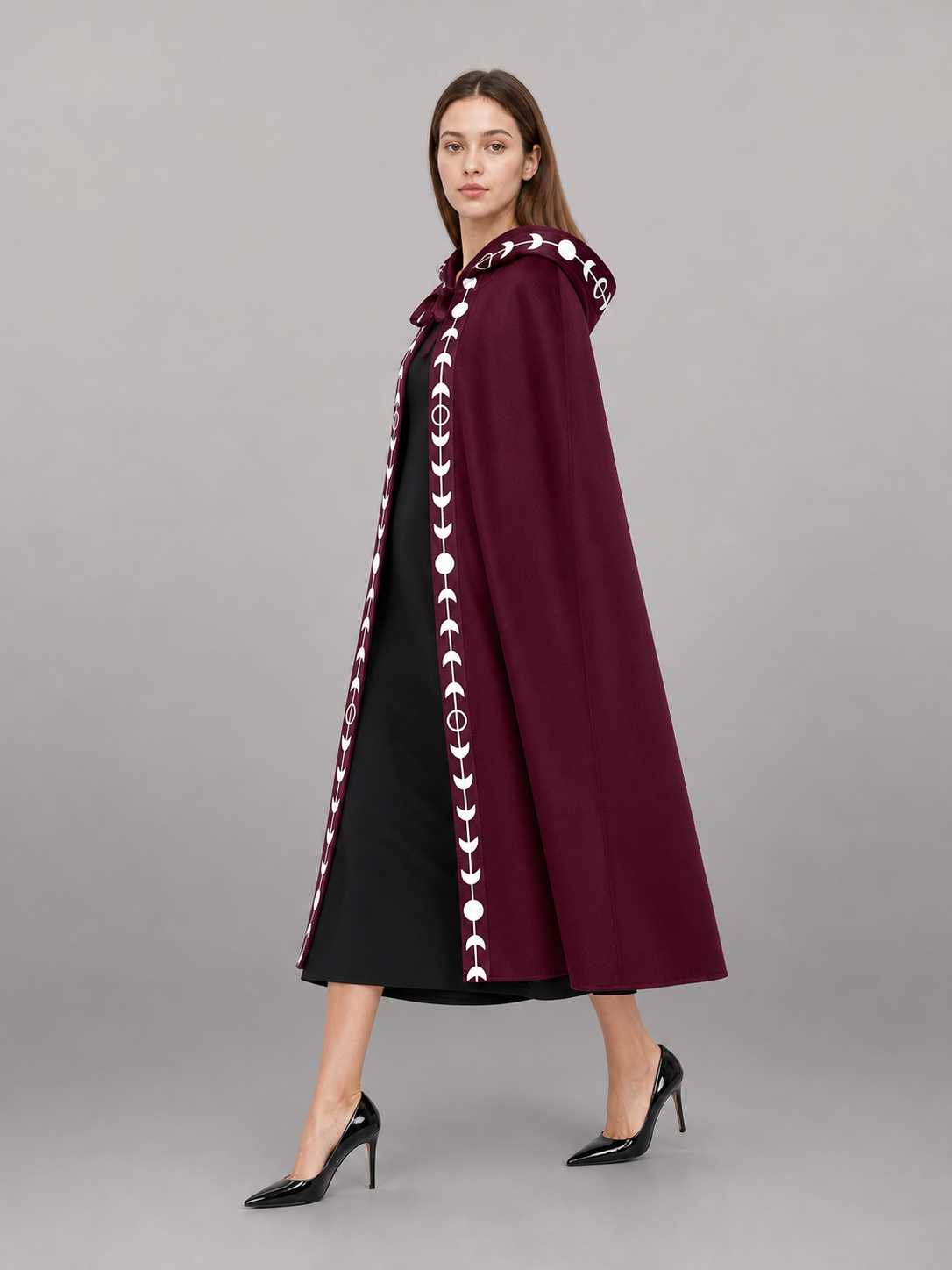 Burgundy Carnival Cloak with Hood and Moon