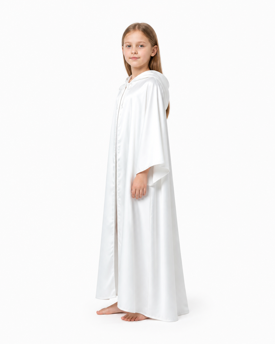 Jedi Cloak for Halloween, White with Hood, Wizard’s Robe side view