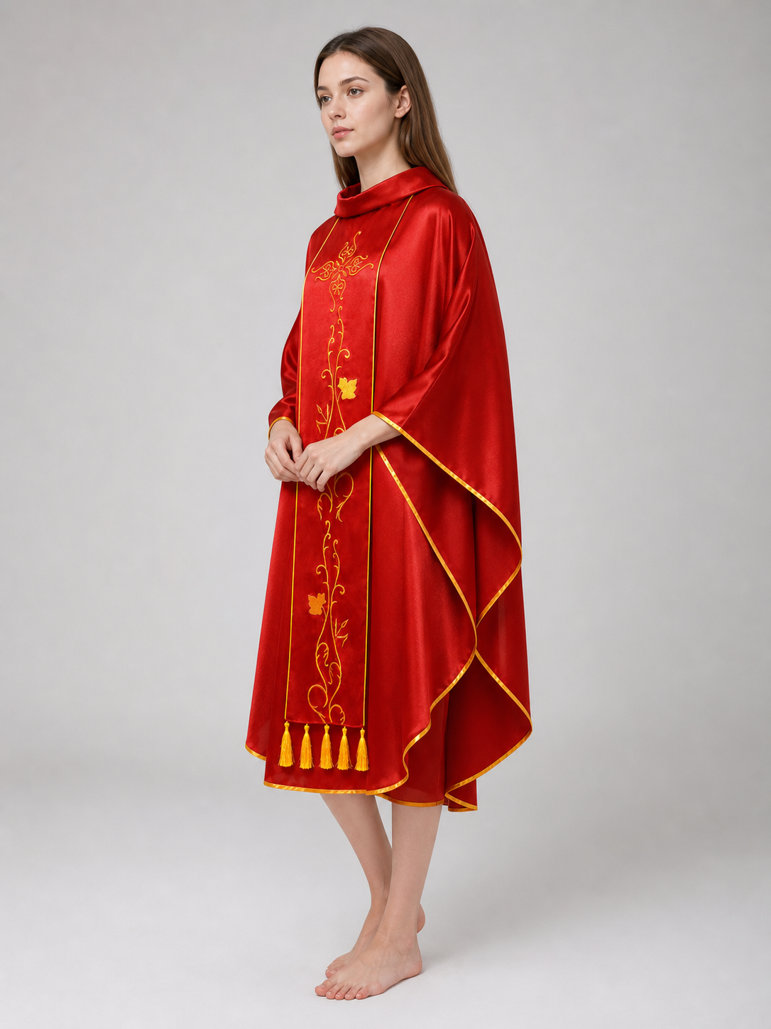 Medieval European Cosplay Vestment, Loose Sleeveless Poncho-Style Robe With Stand Collar, Gold Embroidery, Trim And Fringe For Stage Performance