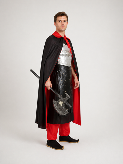 Carnival Costume with Horse Mask, Cape, and Horns side view