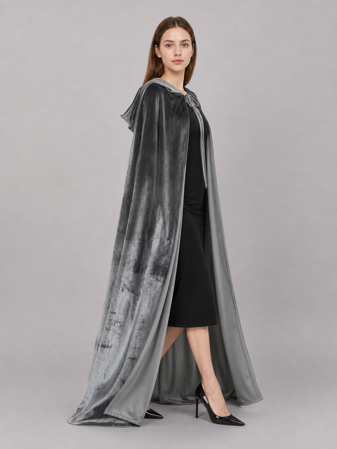 Gray Hooded Long Costume Cape