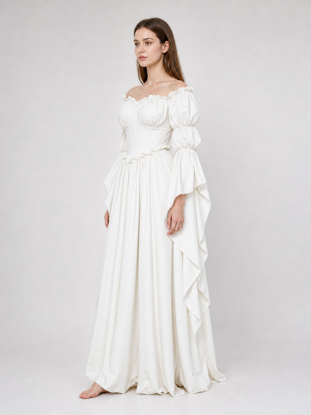 White Vintage-Style Dress with Puff Sleeves