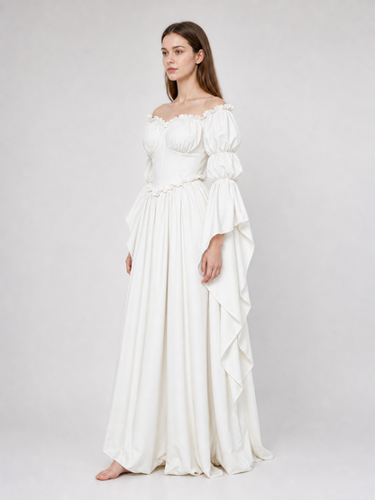 White Vintage-Style Dress with Puff Sleeves