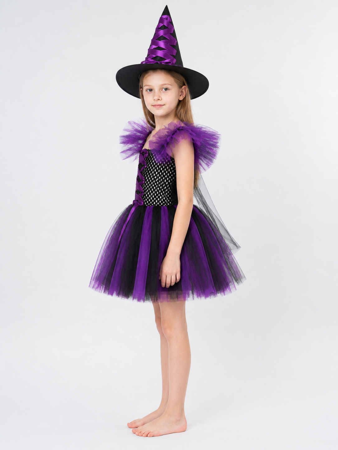 Children's Witch Costume with Dress and Hat, Purple side view