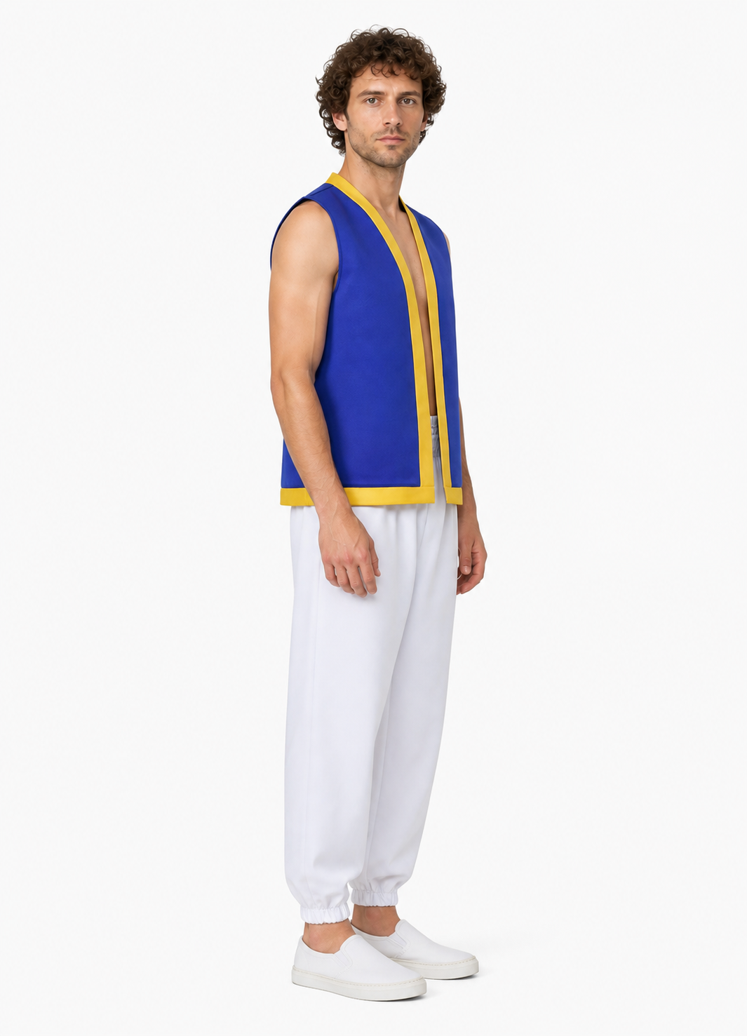 Blue-and-yellow mushroom costume with white pants for Halloween side view