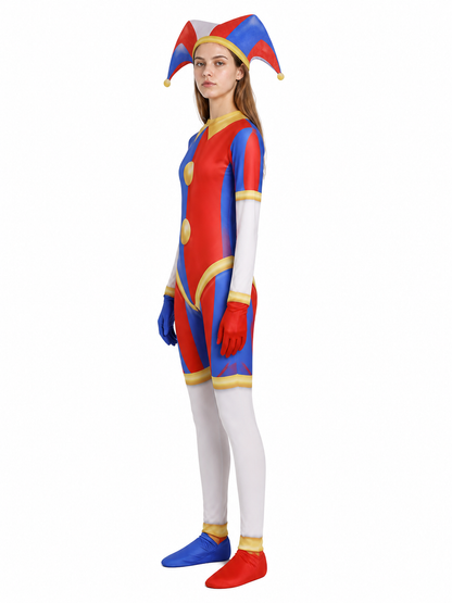 Clown Costume Jumpsuit with Hood and Gloves side view