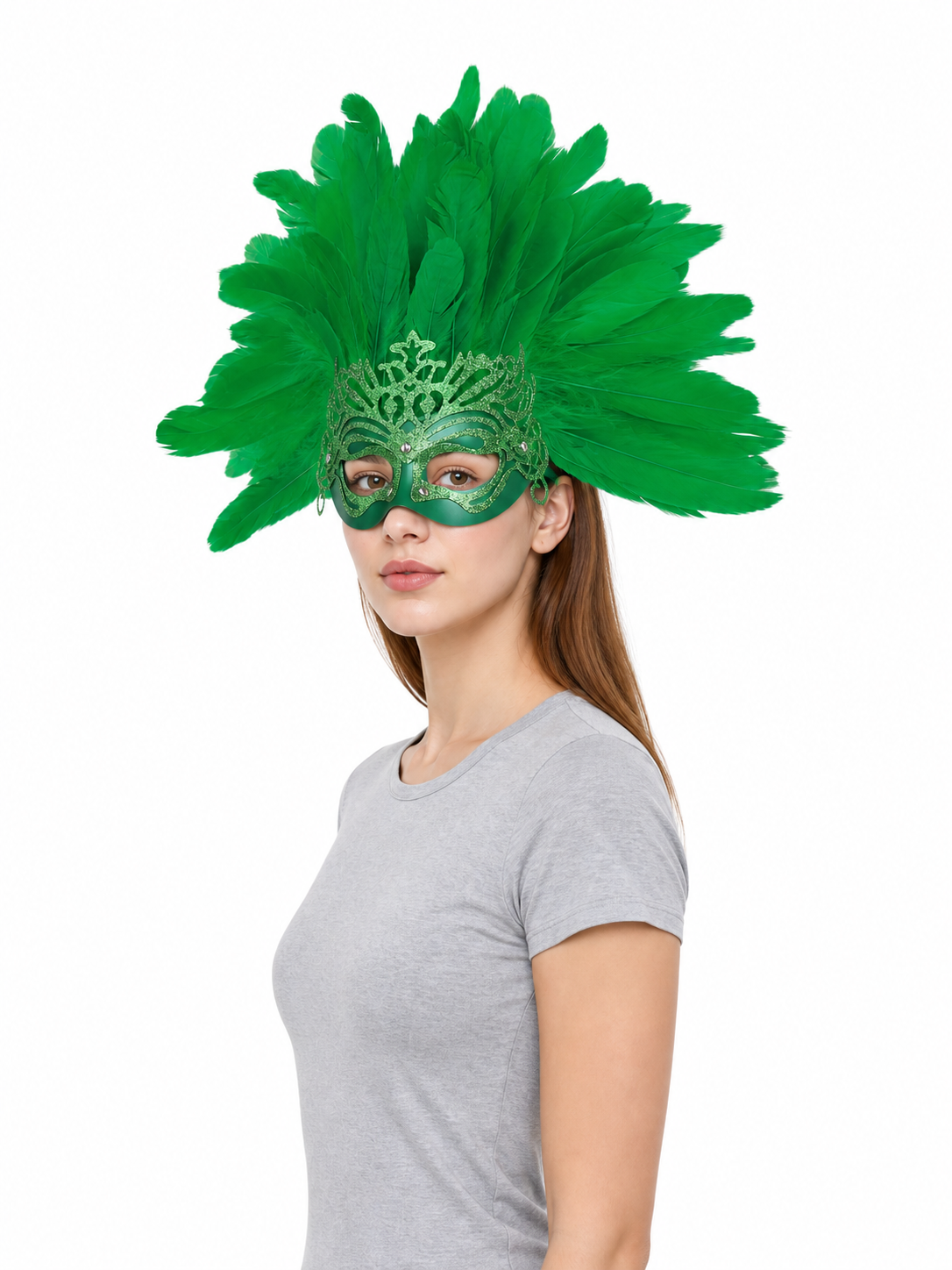 Carnival Mask with Green Feathers and Glitter