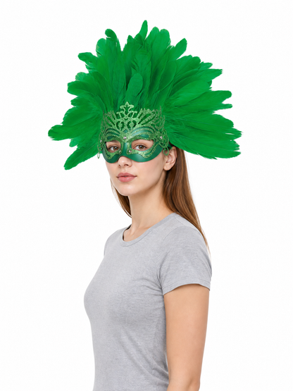 Carnival Mask with Green Feathers and Glitter