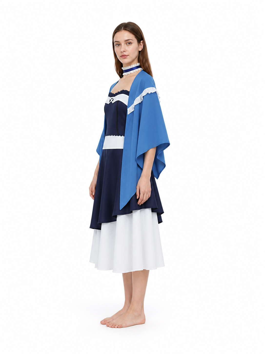 Dark Blue Dress with Cape and Lace for Cosplay side view