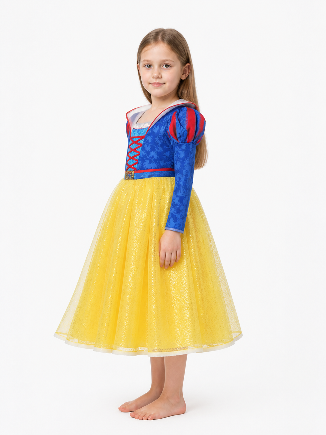 Princess Dress with White Collar and Full Yellow Skirt side view