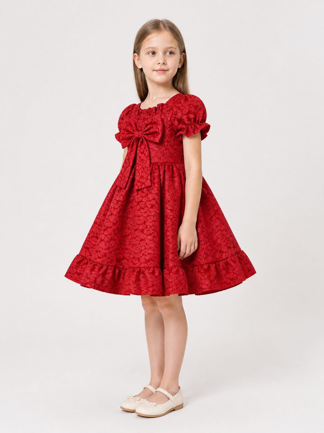 Red Dress with Puff Sleeves and a Bow side view