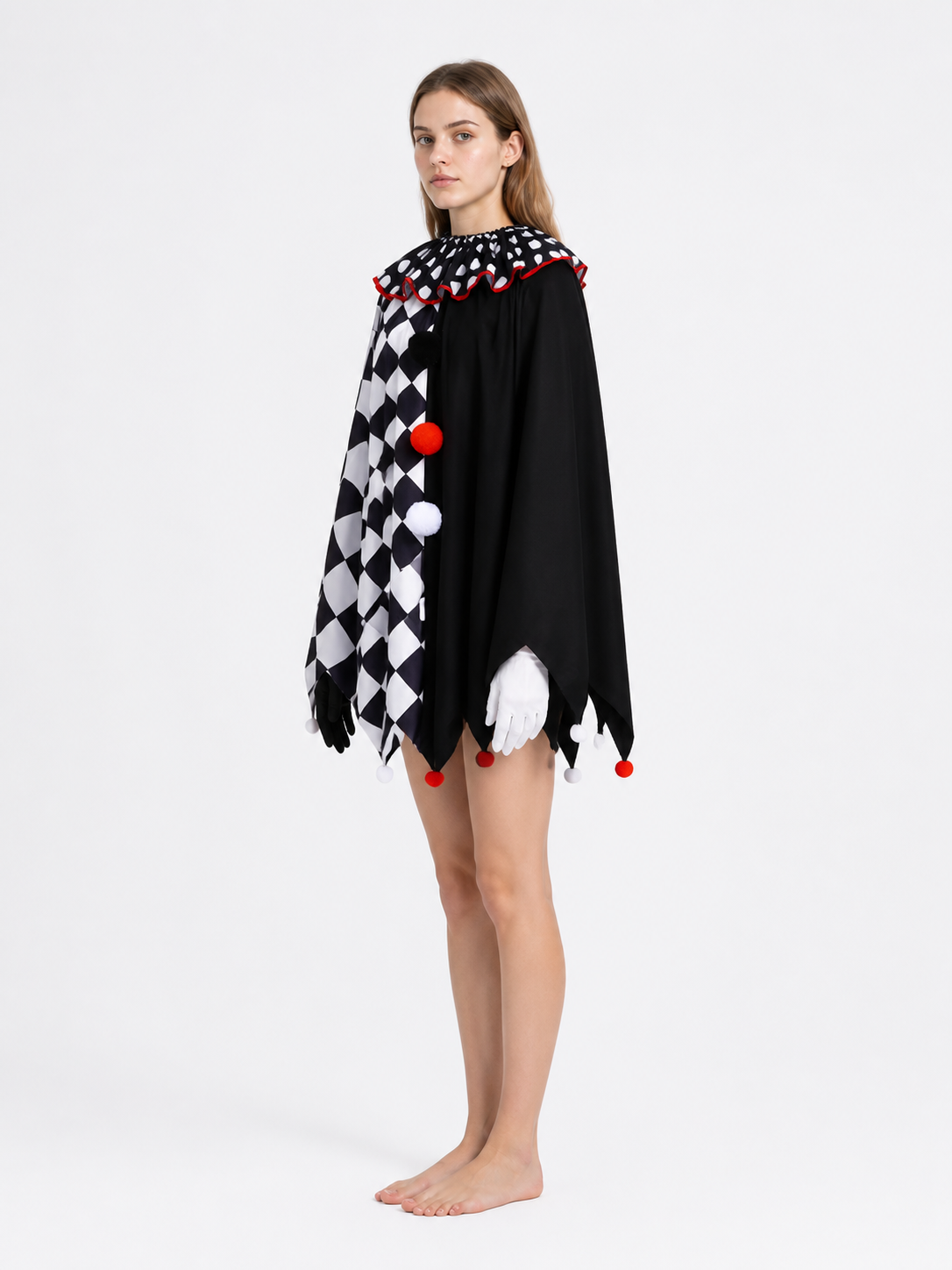 Clown Cape with Gloves, Black and White Checkered Pattern side view
