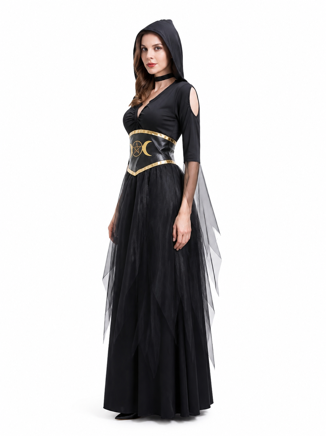 Black Hooded Witch Robe with Gold Moon and Star side view