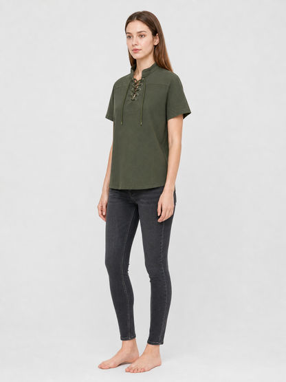 Green Short-Sleeve Lace-Up Shirt