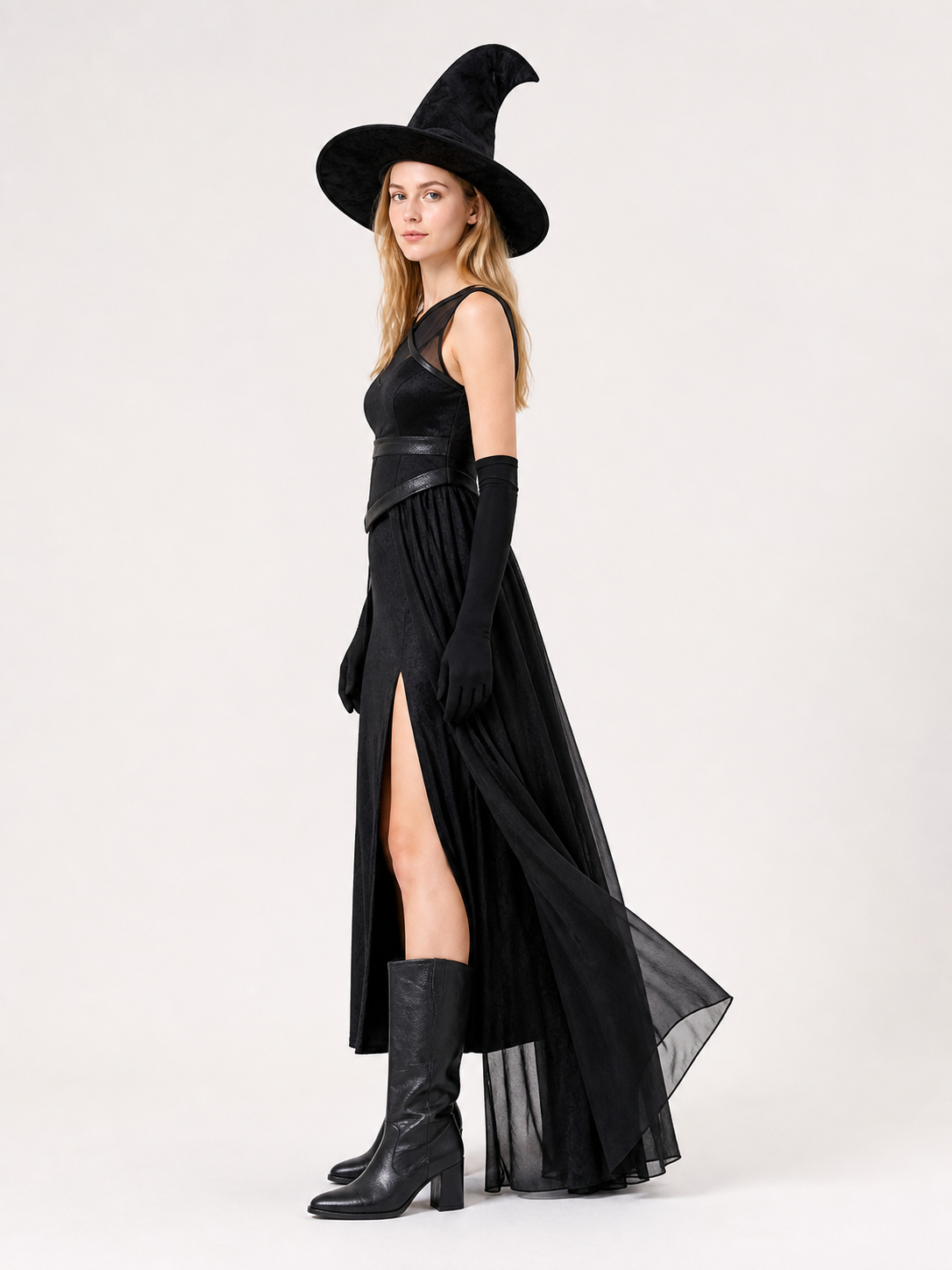 Black Witch Costume with Dress, Hat, and Gloves side view