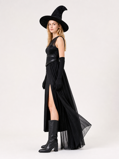 Black Witch Costume with Dress, Hat, and Gloves side view