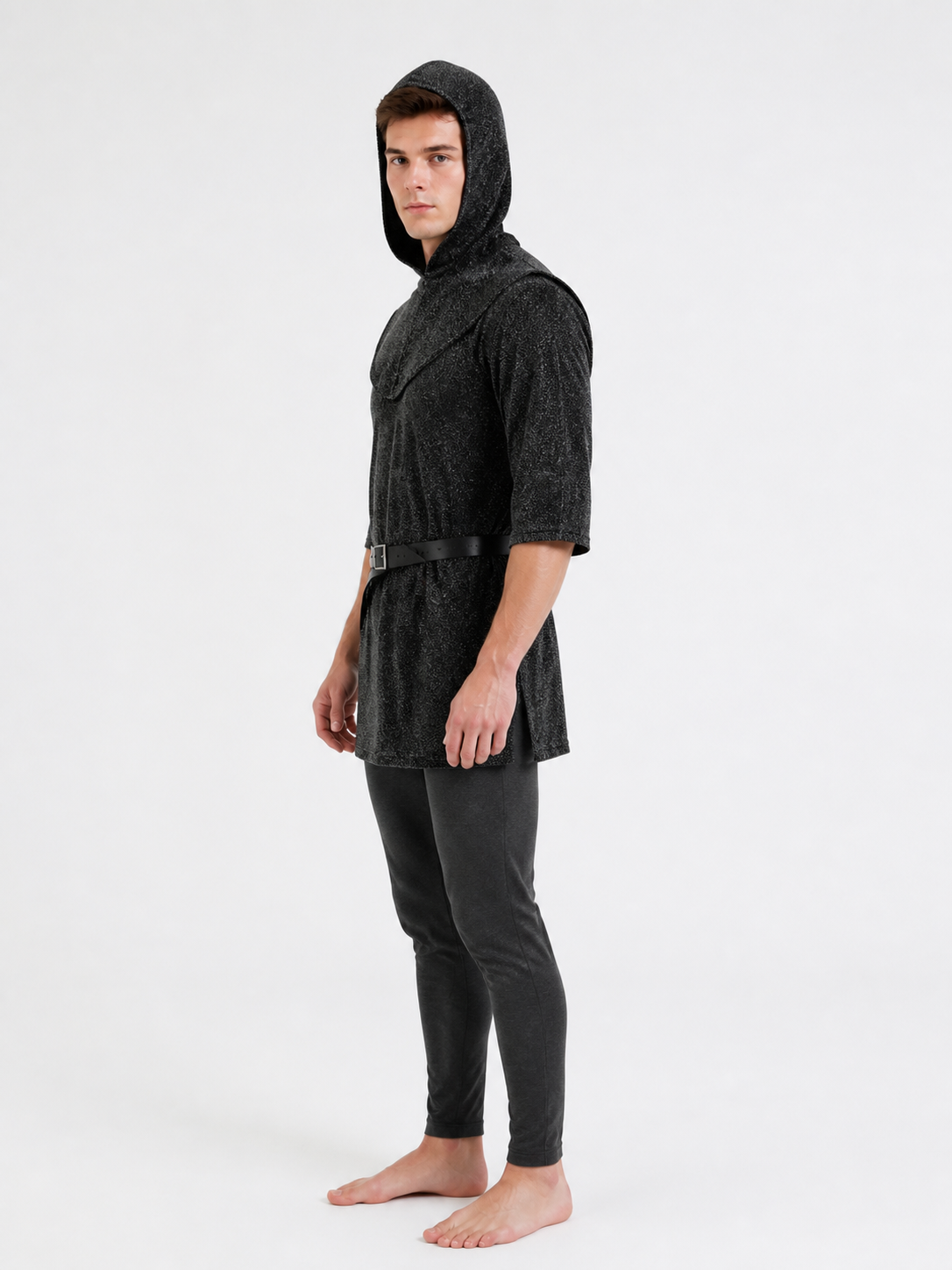 Cosplay costume: hooded top, hat, and belt side view