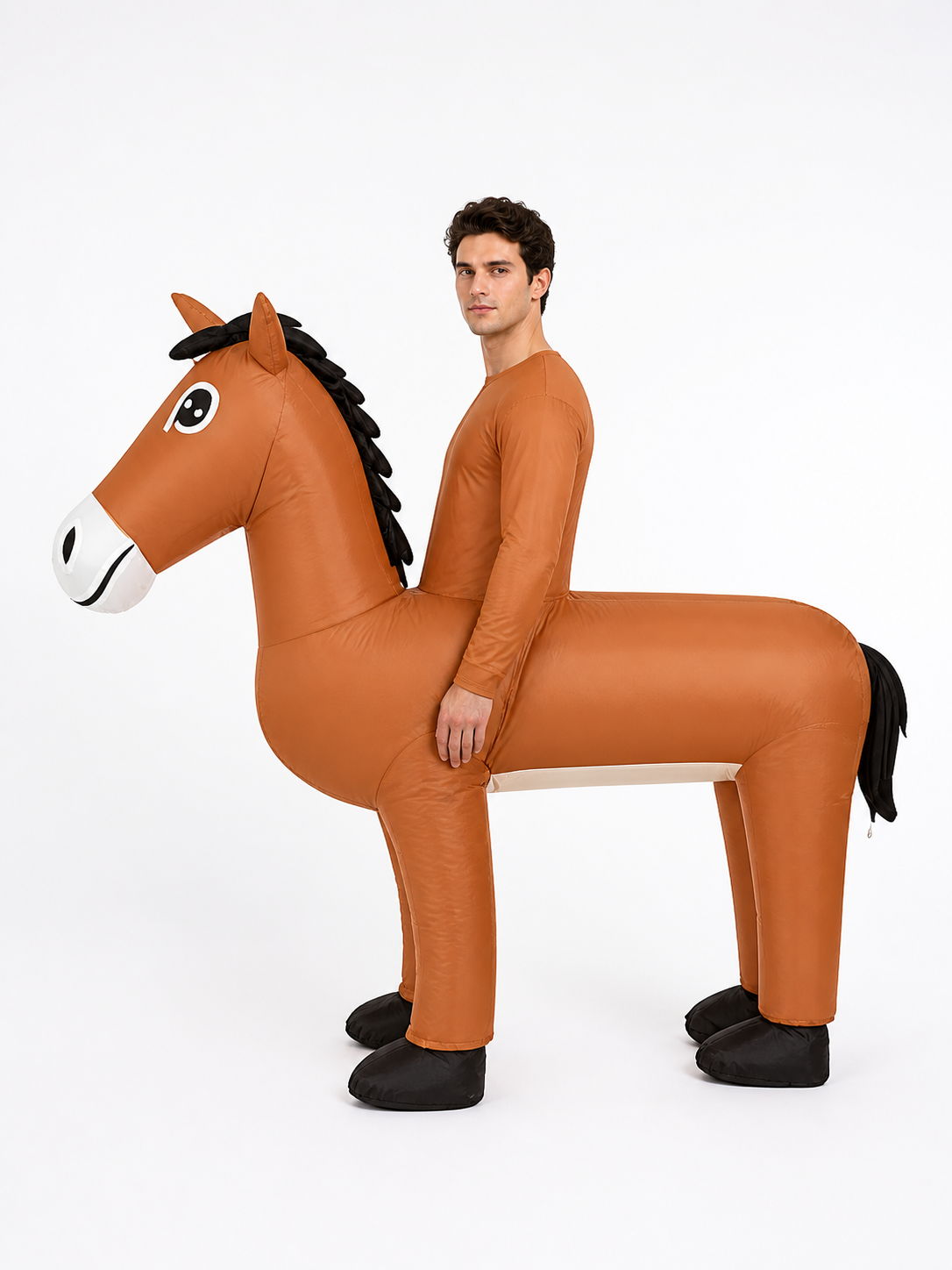 Side view of the brown inflatable horse costume showing the long body and four legs