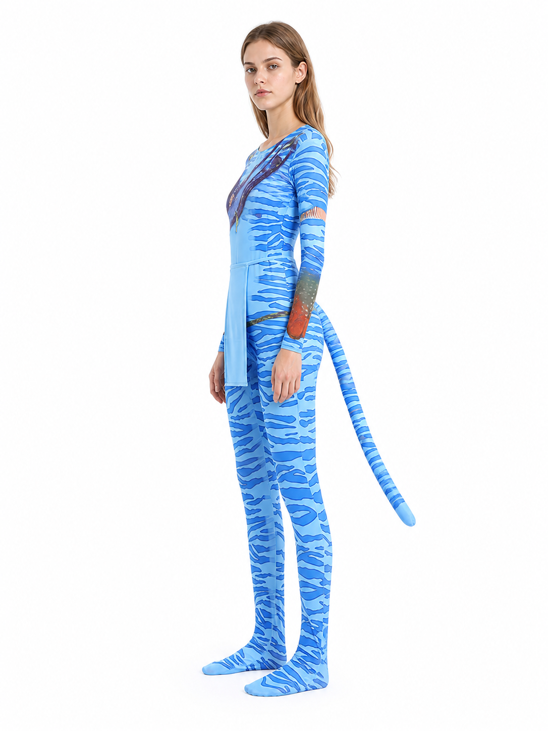 Avatar cosplay jumpsuit with a long tail side view
