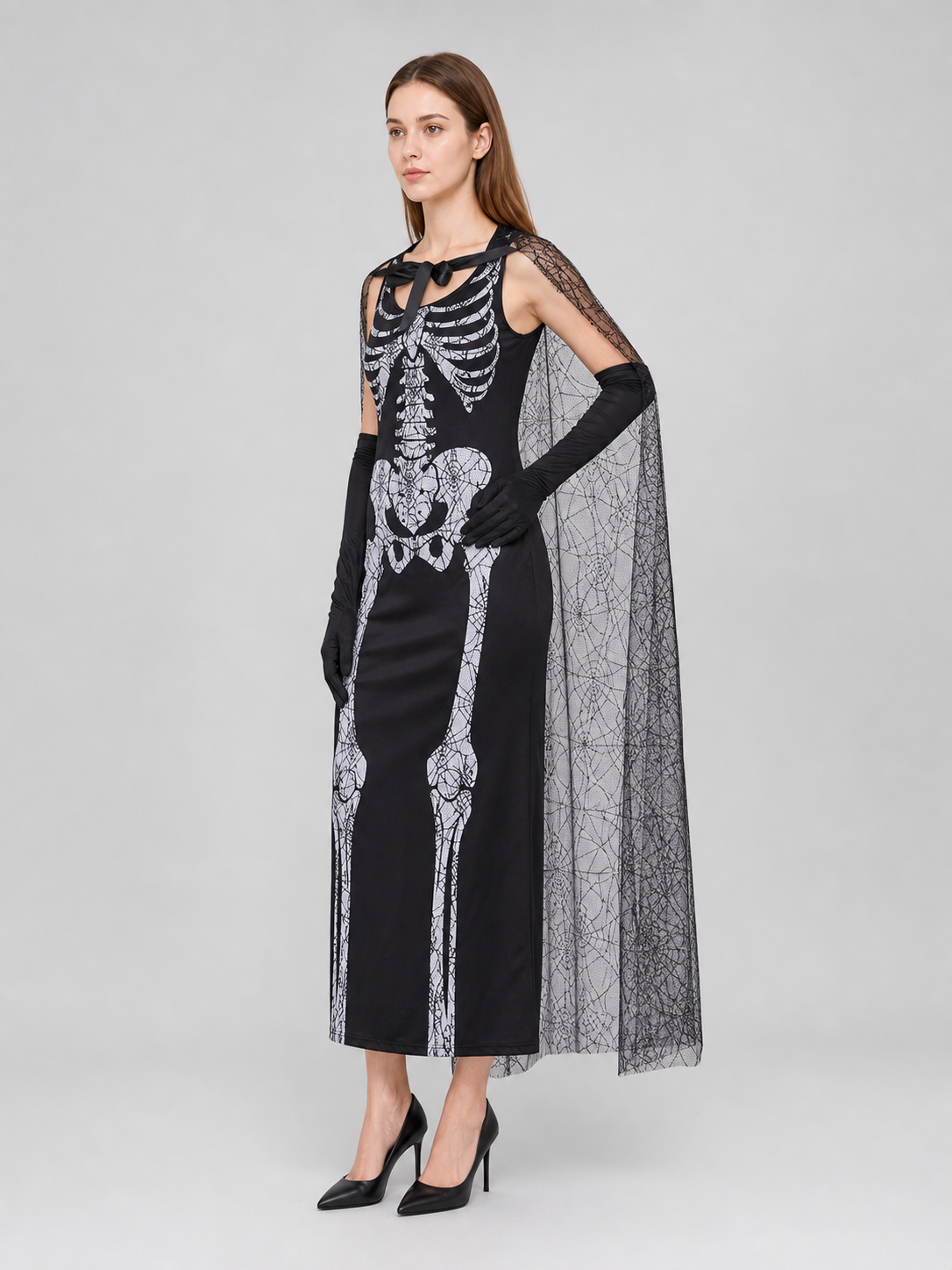 Gothic-style Halloween costume with dress and accessories: a black sleeveless
