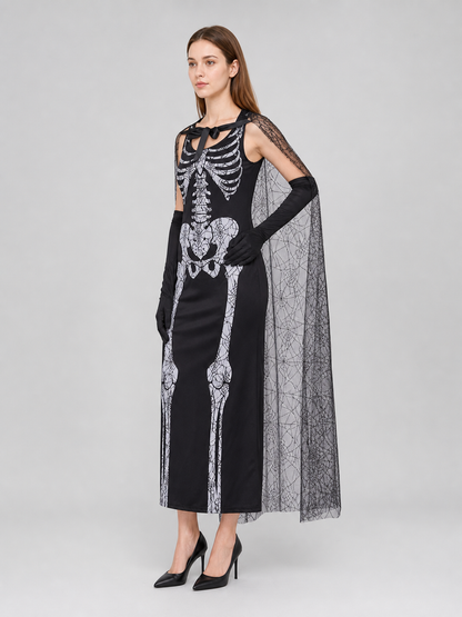Gothic-style Halloween costume with dress and accessories: a black sleeveless