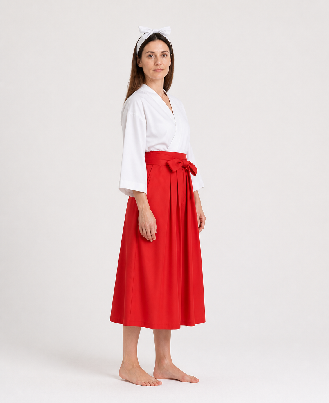 Iori Utahime Cosplay Costume with White Kimono-Style Jacket and Red Skirt side view