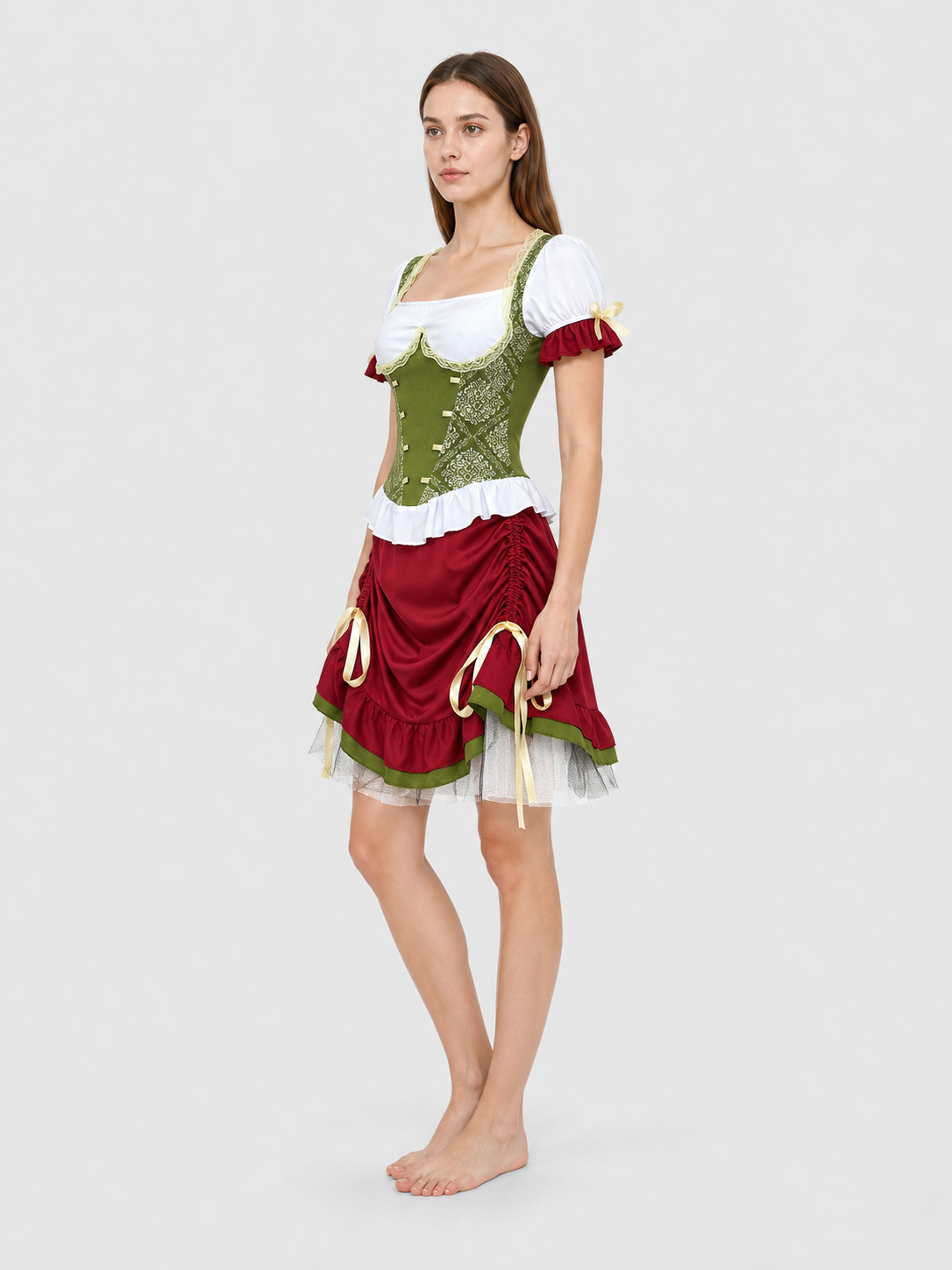 Costume with a corset-style top, skirt, hat, and ribbons