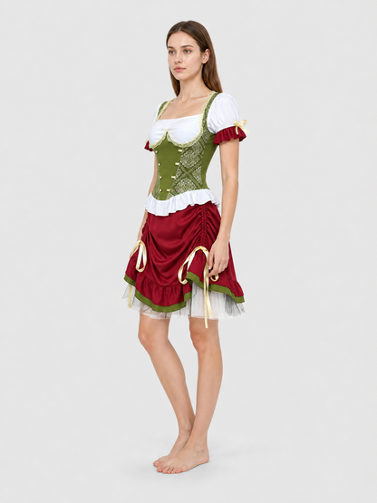 Costume with a corset-style top, skirt, hat, and ribbons