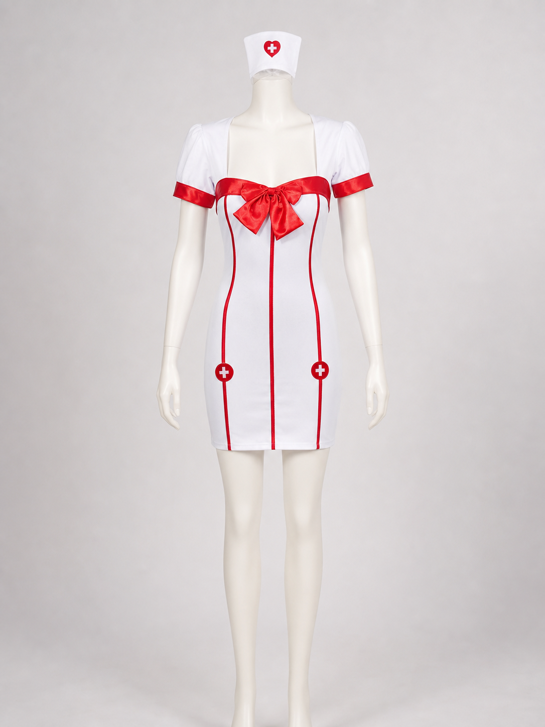 White-and-Red Nurse Costume with Bow and Belt