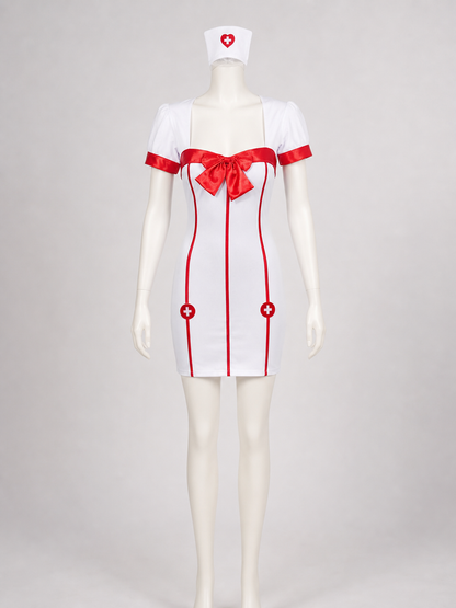 White-and-Red Nurse Costume with Bow and Belt