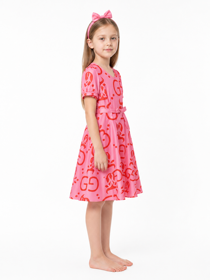 Children's Pink Dress with Red Print and Headband side view
