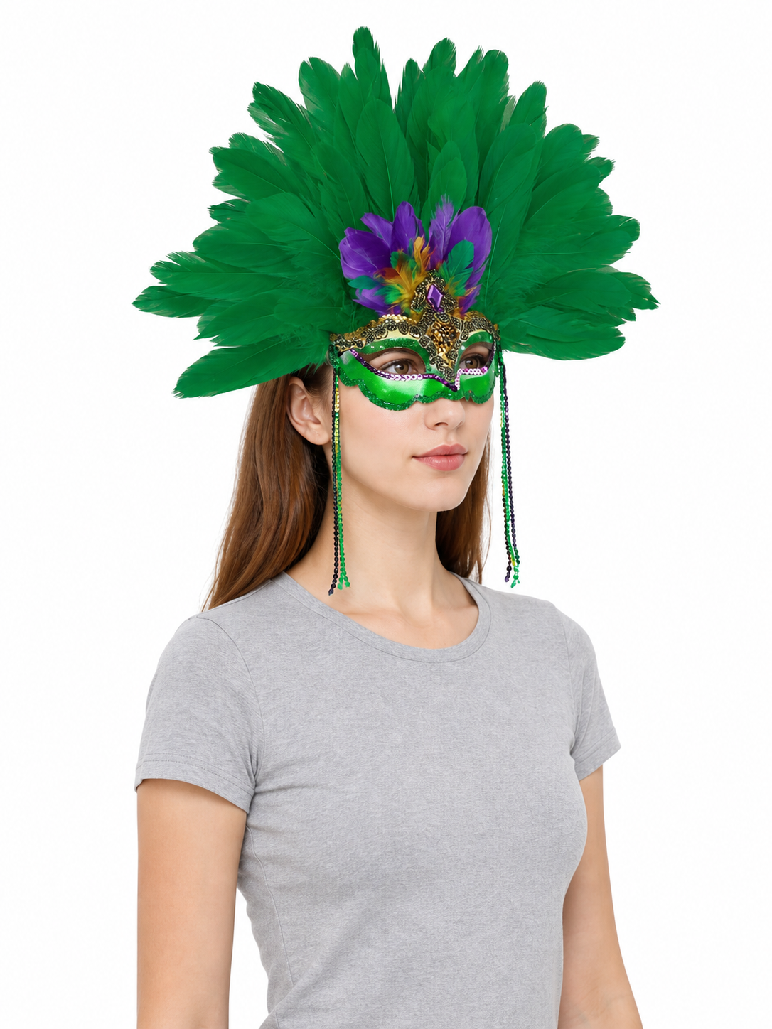 Mask with Green Feathers and Purple Details