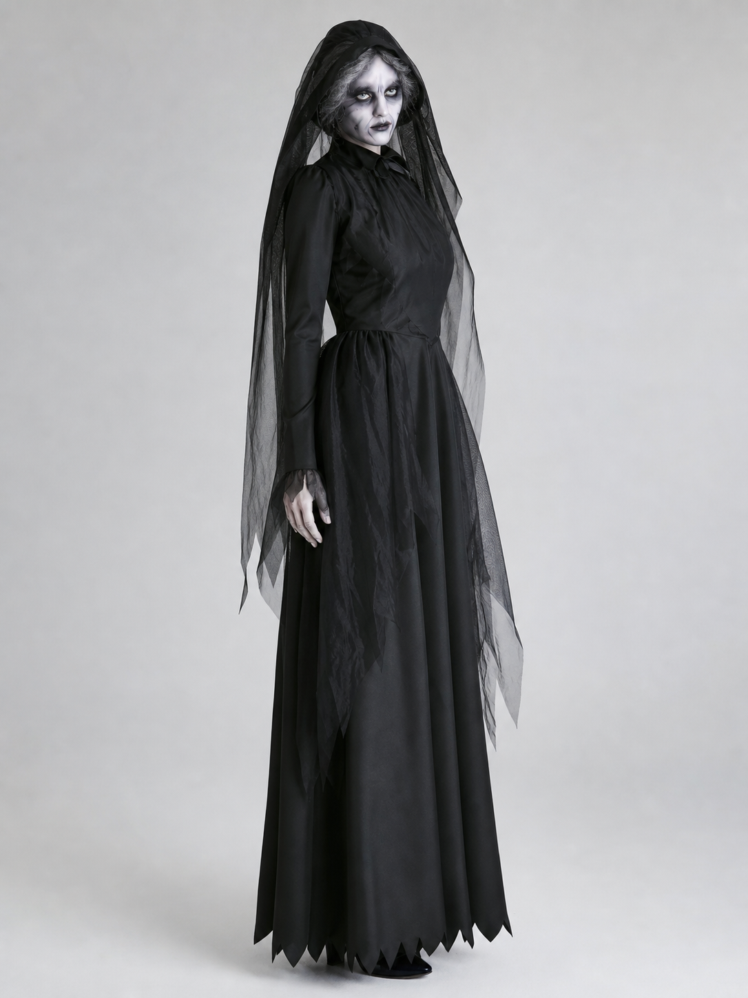Black Gothic Hooded Dress with Tattered Details side view