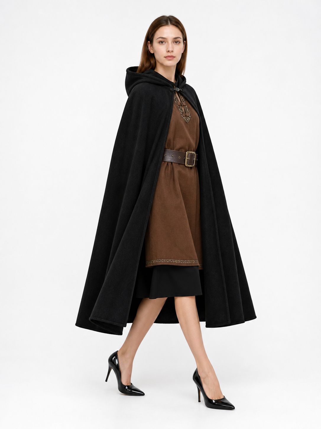 Black medieval hooded carnival cloak