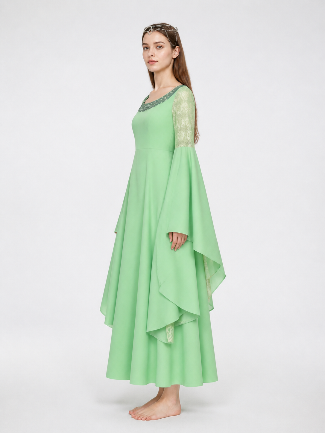 Arwen Cosplay Dress with Layered Flared Sleeves and Crown side view