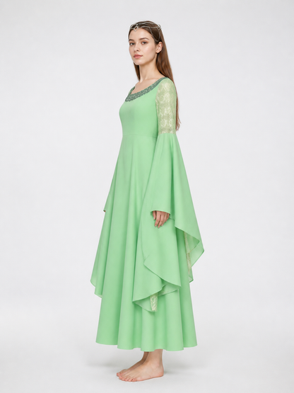 Arwen Cosplay Dress with Layered Flared Sleeves and Crown side view