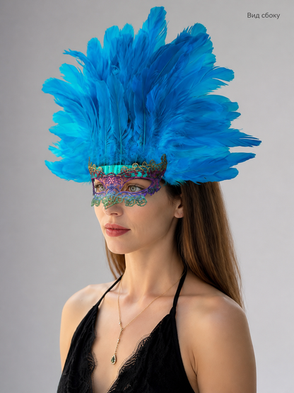 Carnival Feather Headpiece with Blue Feathers and Eye Mask side view