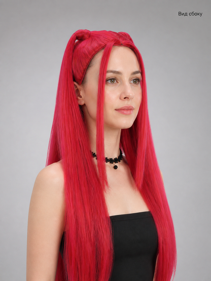 Pink-and-Red Curly Carnival Wig for Cosplay side view