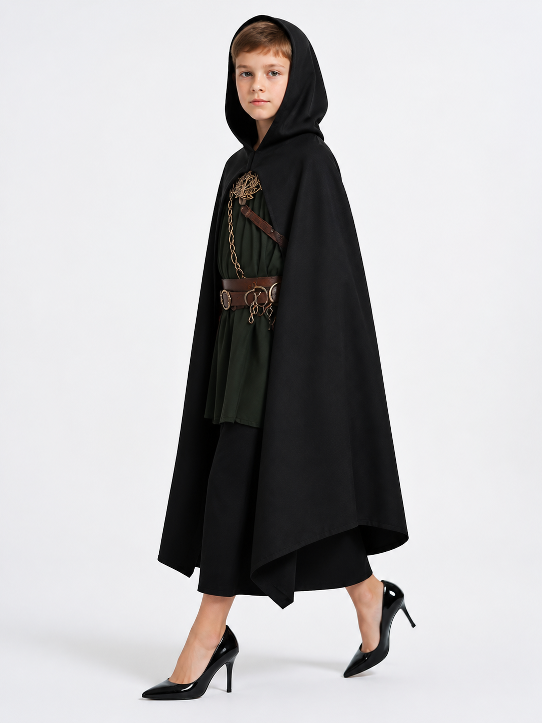 Medieval Black Hooded Costume Cloak side view