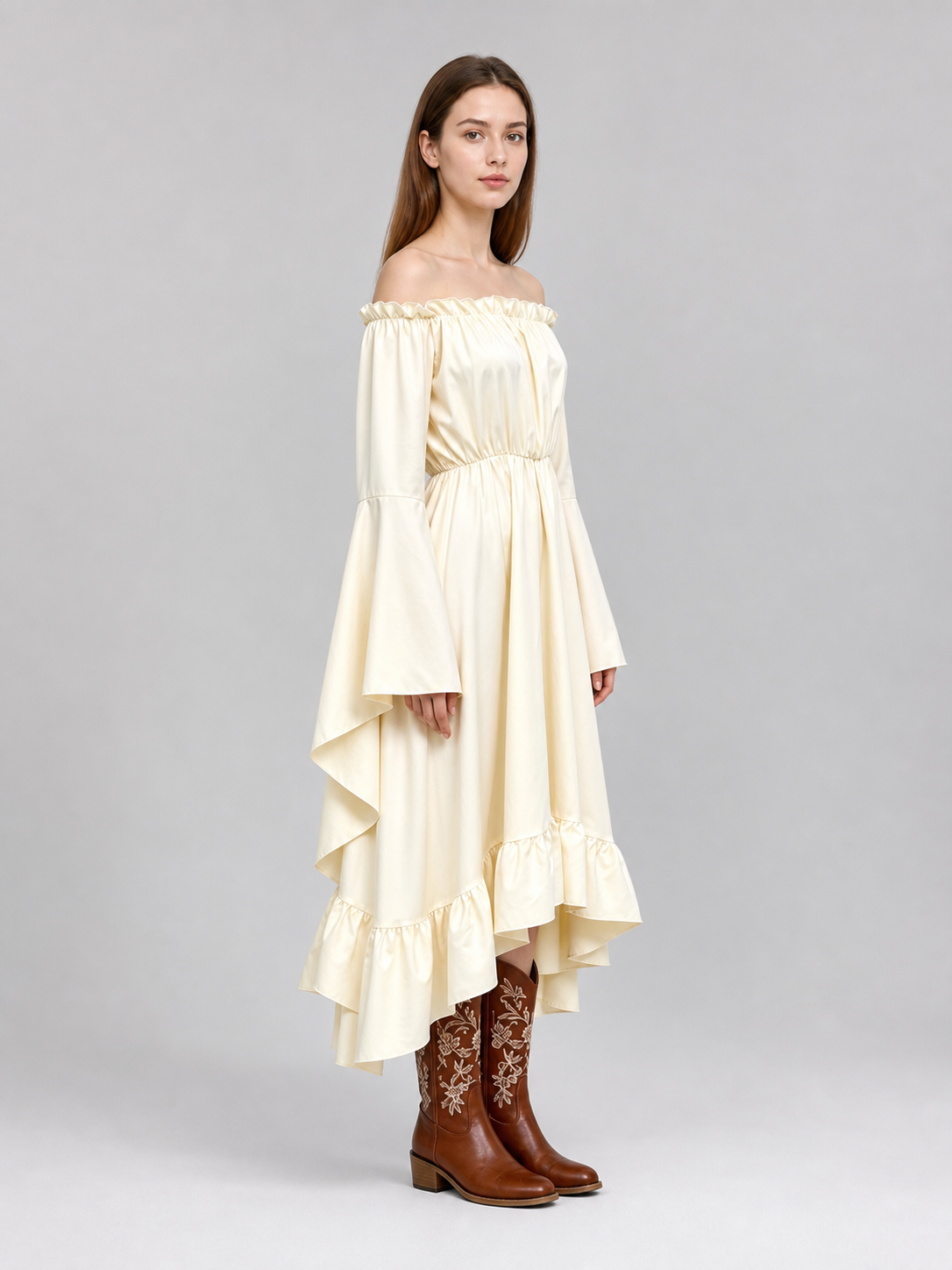Off-the-Shoulder Dress with Sleeves and Ruffles