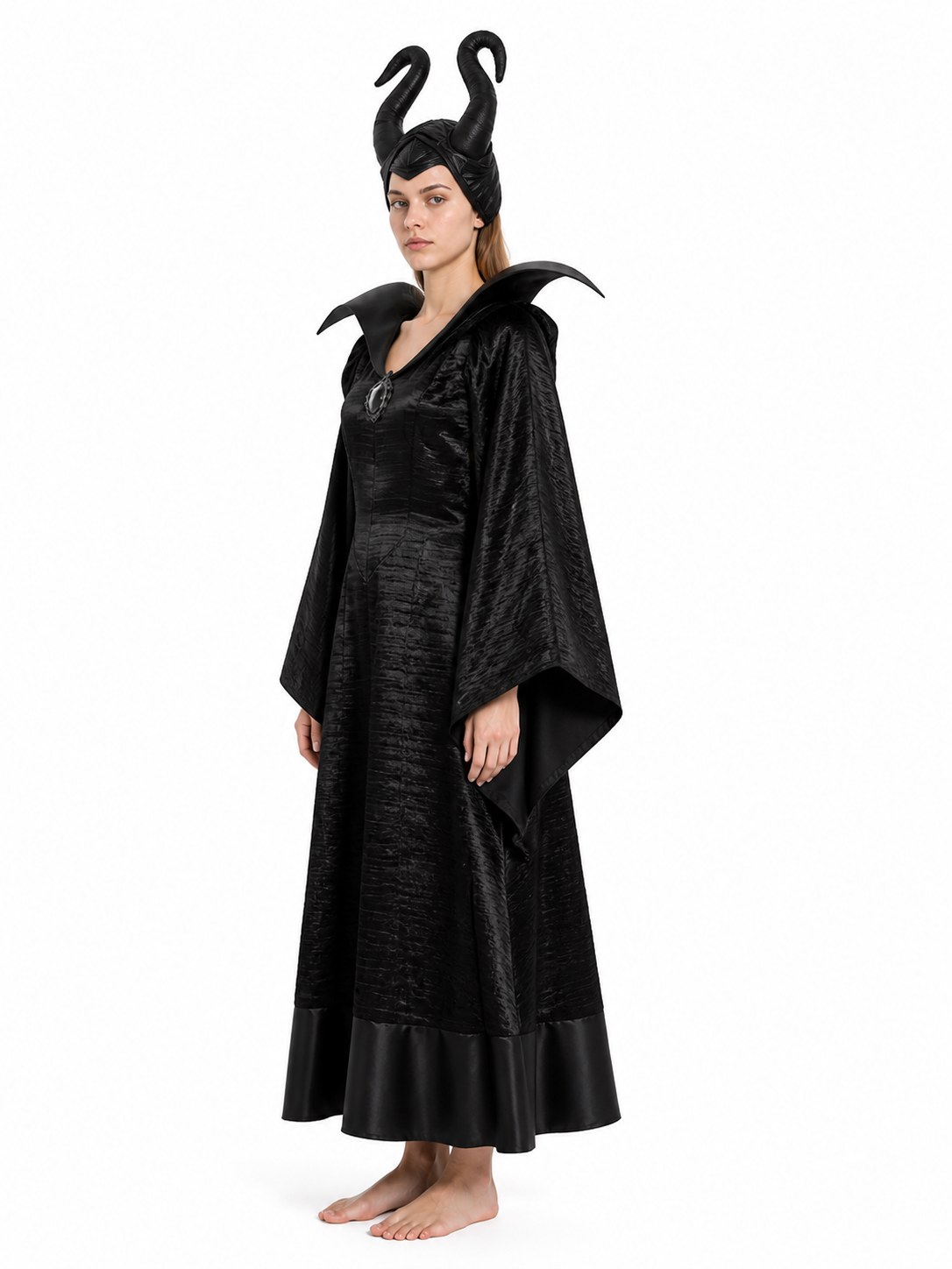 Halloween Costume with Horns and Long Dress side view