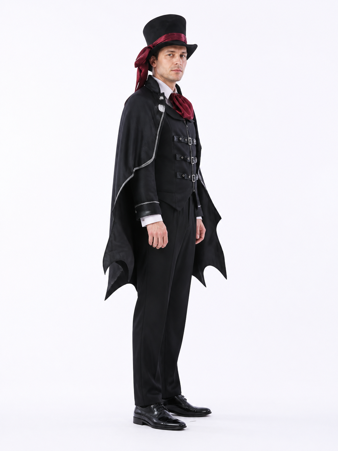 Vampire Costume with Long Cape and Top Hat for Halloween side view